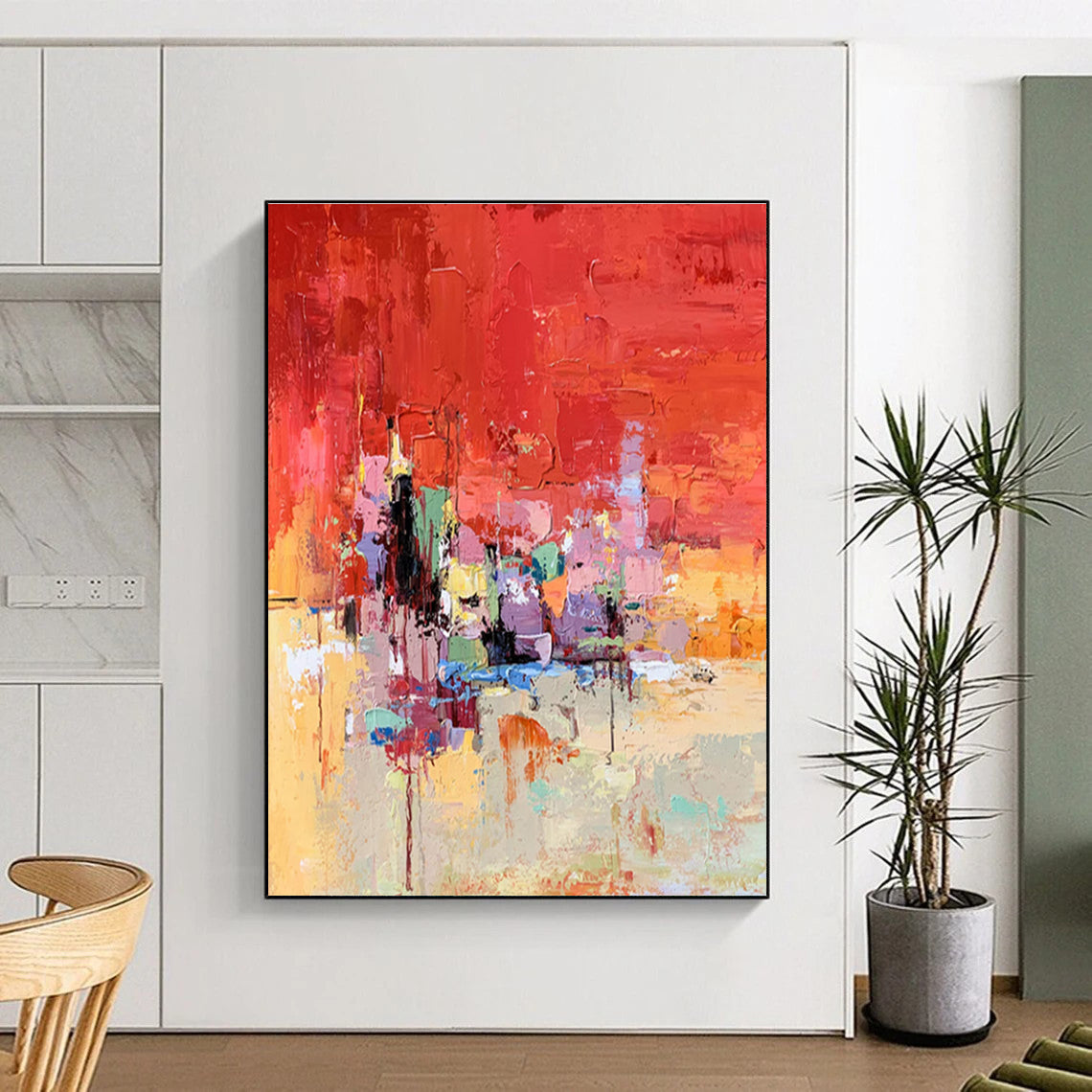 Acrylic Modern Art Paintings Red, Orange, Pink & Multicolor Abstract Cityscape Art HS387
