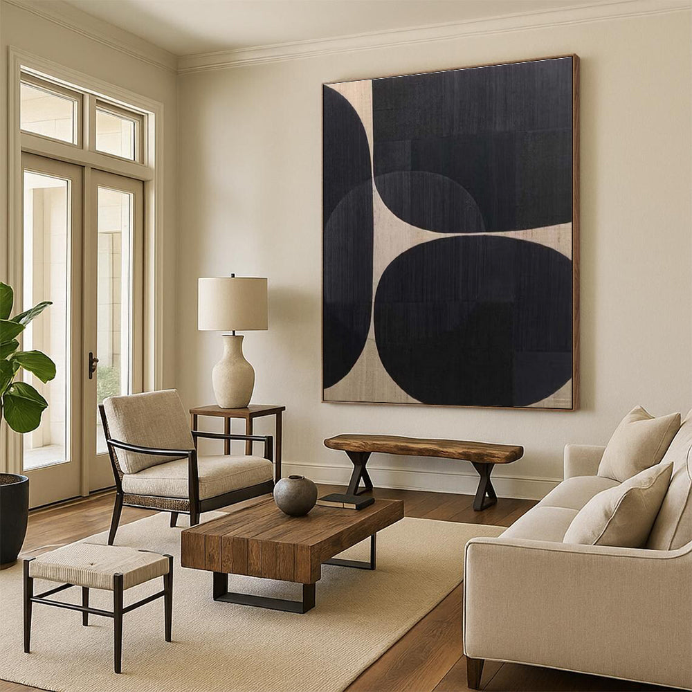 Handmade Art Black & Beige Geometric Abstract, Minimalist Canvas Art HS324