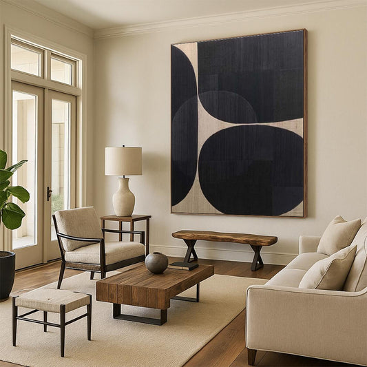 Handmade Art Black & Beige Geometric Abstract, Minimalist Canvas Art HS324