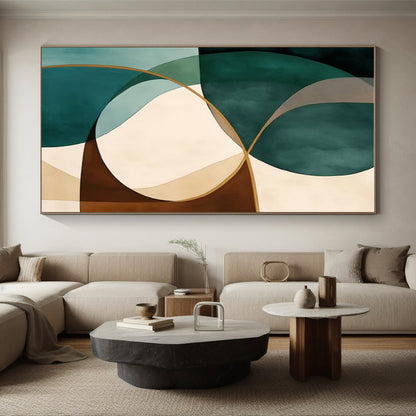 Modern Art Acrylic Teal, Brown, and Beige Circular Abstract Art HS736