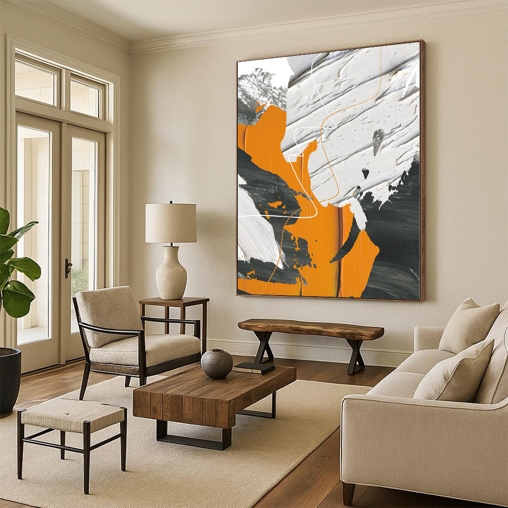 Hand-Painted Orange, Black, and White Abstract Textured Painting For Sale HS090