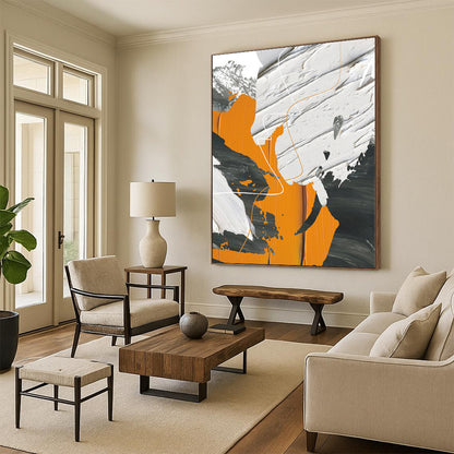 Hand-Painted Orange, Black, and White Abstract Textured Painting For Sale HS090