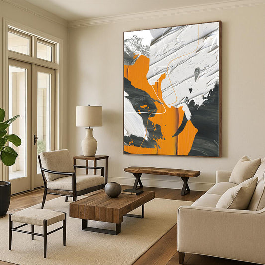 Hand-Painted Orange, Black, and White Abstract Textured Painting For Sale HS090