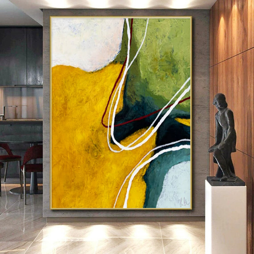Acrylic Modern Art Paintings Yellow, Green, and White Dynamic Abstract Painting On Canvas HS822