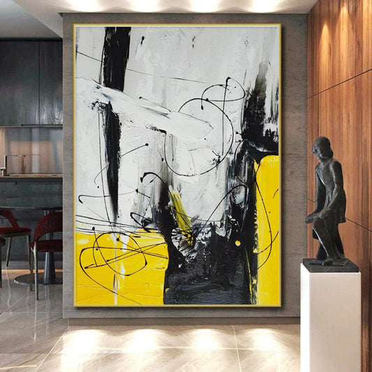 Big Painting Yellow, Black & White Abstract Dynamic Line Art HS405