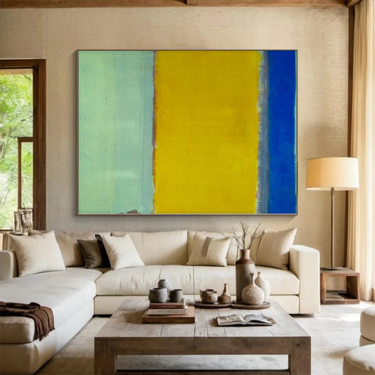 Modern Art Acrylic Blue and Yellow Abstract Color Field Painting For Sale HS105