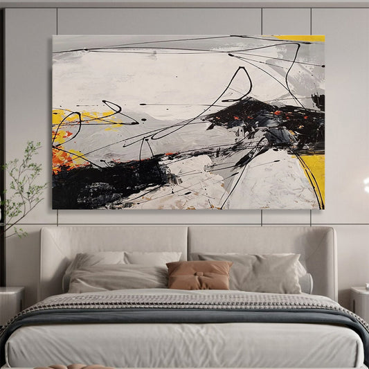 Oversized Canvas Art Black, White, and Yellow Abstract Linear Dynamic Art, Abstract Acrylic Painting WB185