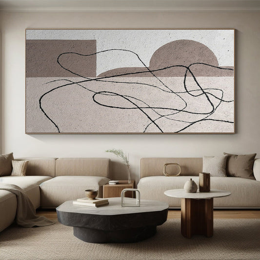 Cool Abstract Paintings Neutral Tones with Black Linear Abstract Art HS676