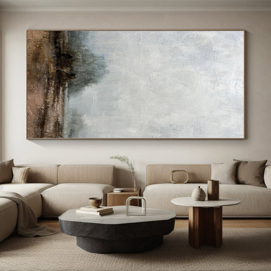 Hand-Painted Gray and Brown Abstract Misty Landscape Painting For Sale HS081