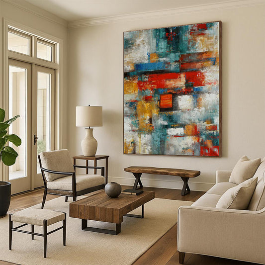 Hand Painted Art Multicolor Geometric Abstract Painting On Canvas HS771