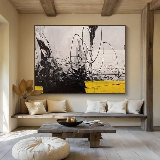 Big Size Black, White, and Yellow Abstract Linear Art, Abstract Acrylic Painting WB168