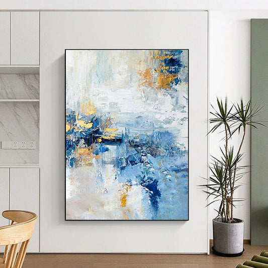 Handmade Art Cool Abstract Paintings with Blue, White, Gold Textured Layers - Acrylic Modern Art Painting HS538