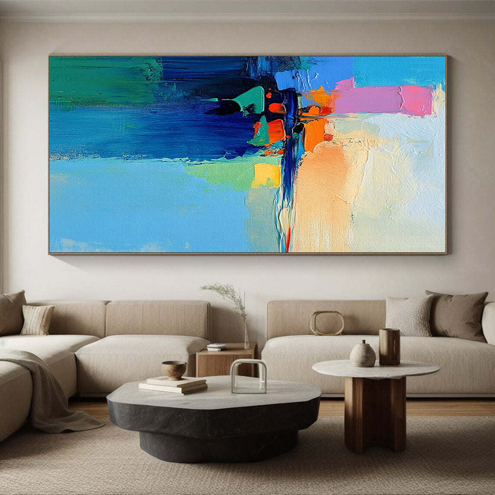 Hand-Painted Multicolor Abstract Seaside Painting For Sale HS122
