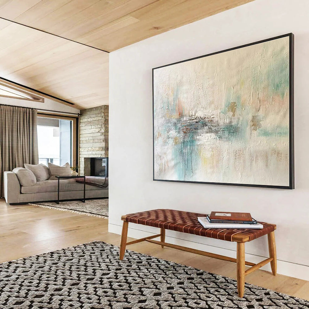 Huge Size Beige, Teal and Brown Abstract Textured Painting WB078