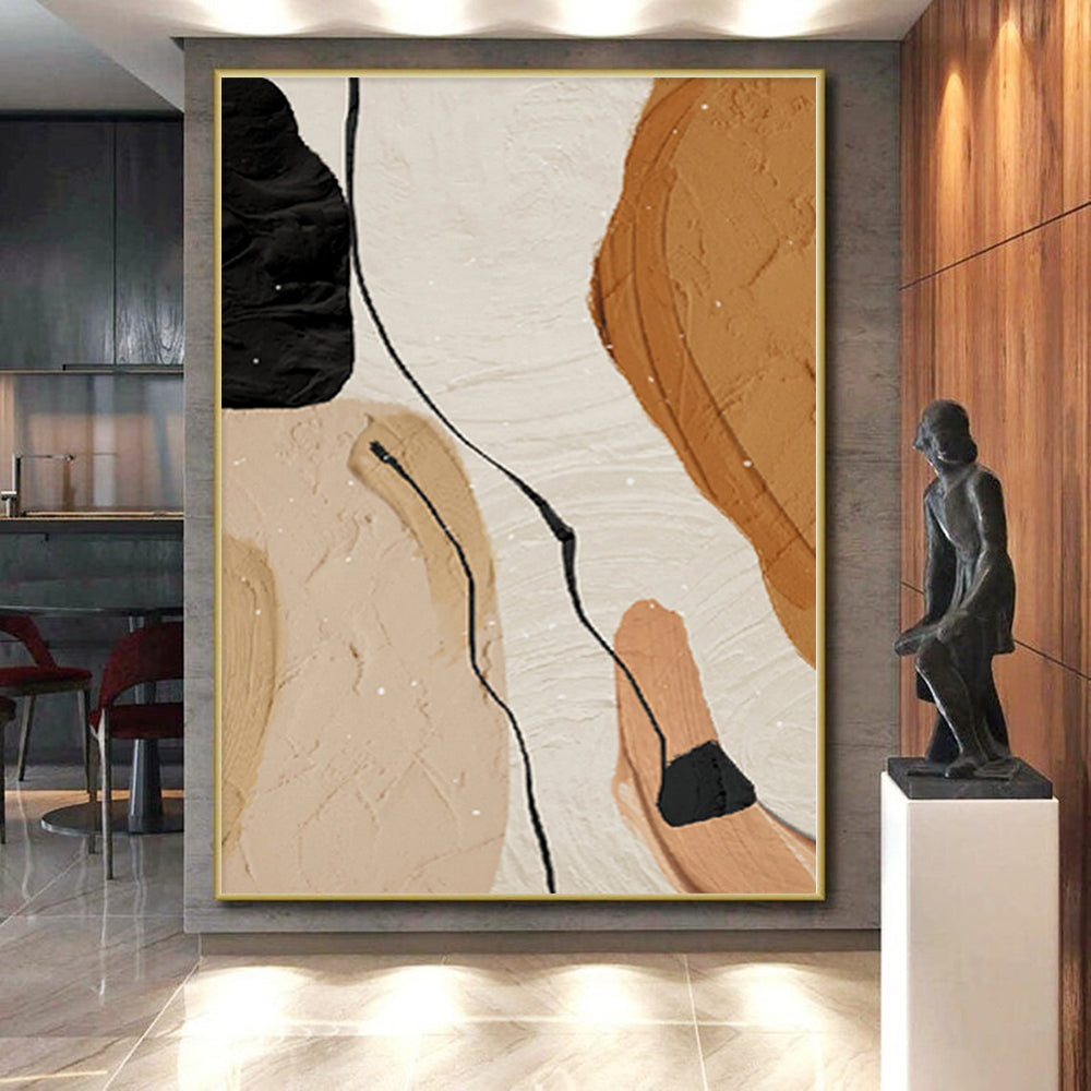 Handmade Art Beige, Brown, and Black Abstract Shape Painting For Sale HS083