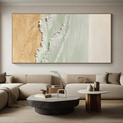 Gaint Canvas Art Beige and Green Abstract Seaside Painting For Sale HS075