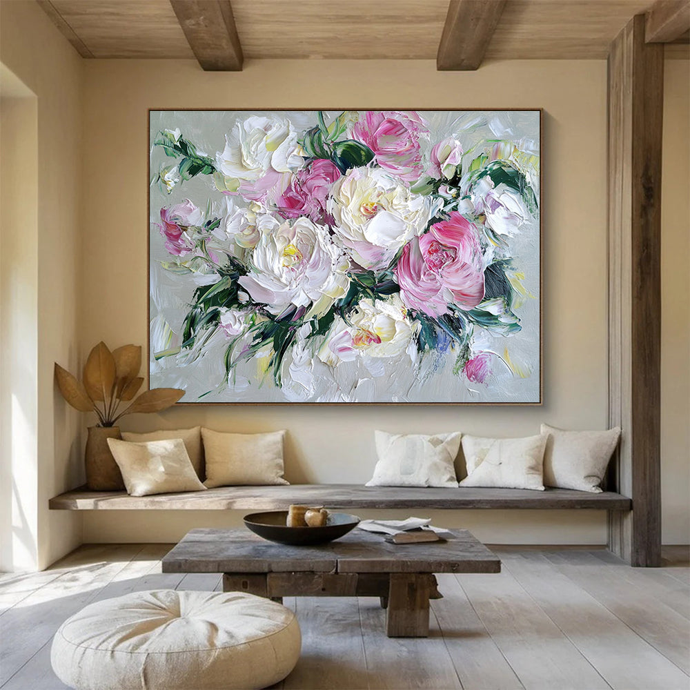 Hand Painted Art with Pink, White and Green Colors, Peony Bouquet Theme Abstract Painting WB321