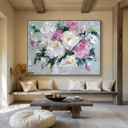 Hand Painted Art with Pink, White and Green Colors, Peony Bouquet Theme Abstract Painting WB321