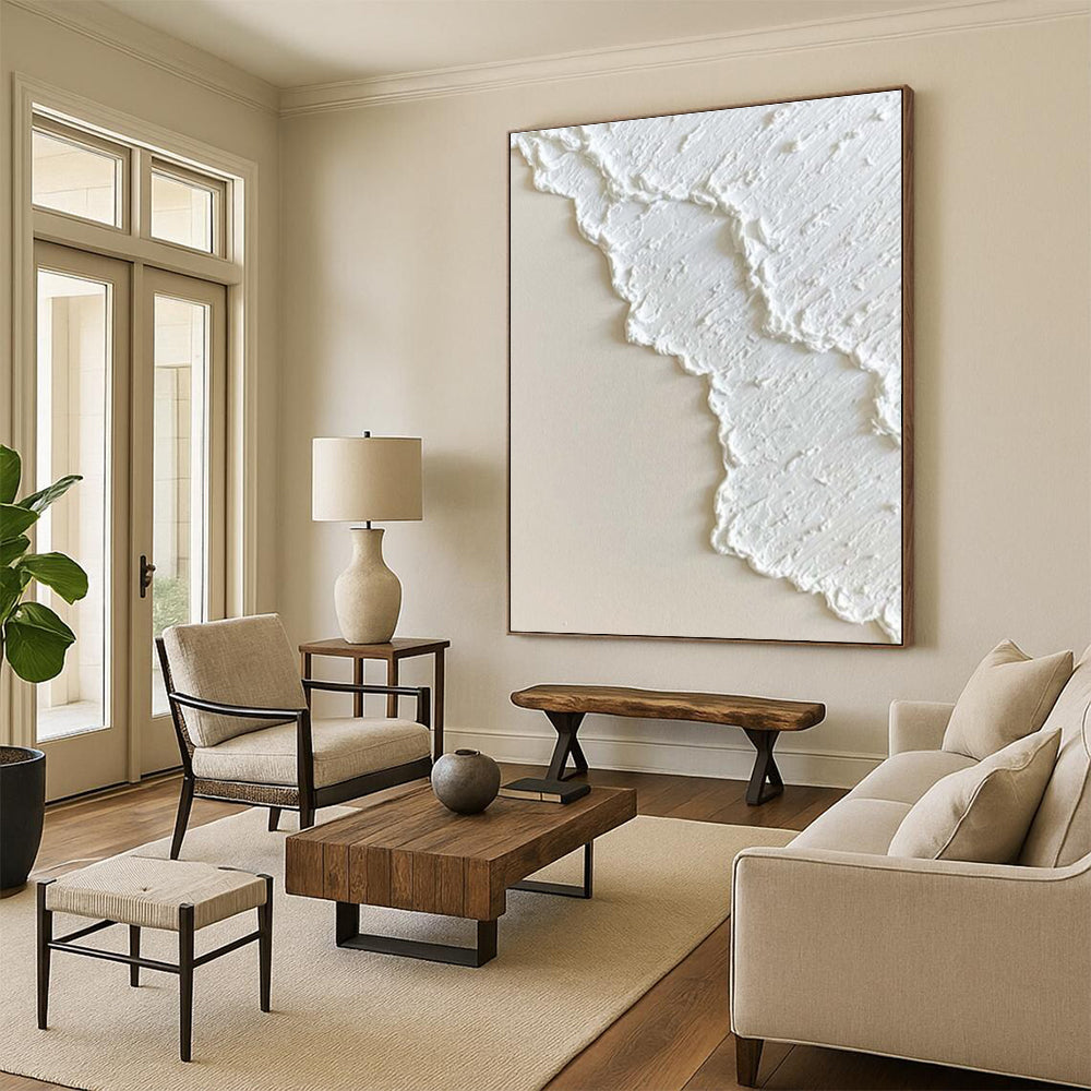 Hand-Painted White Textured Abstract, Acrylic Modern Art Painting HS337