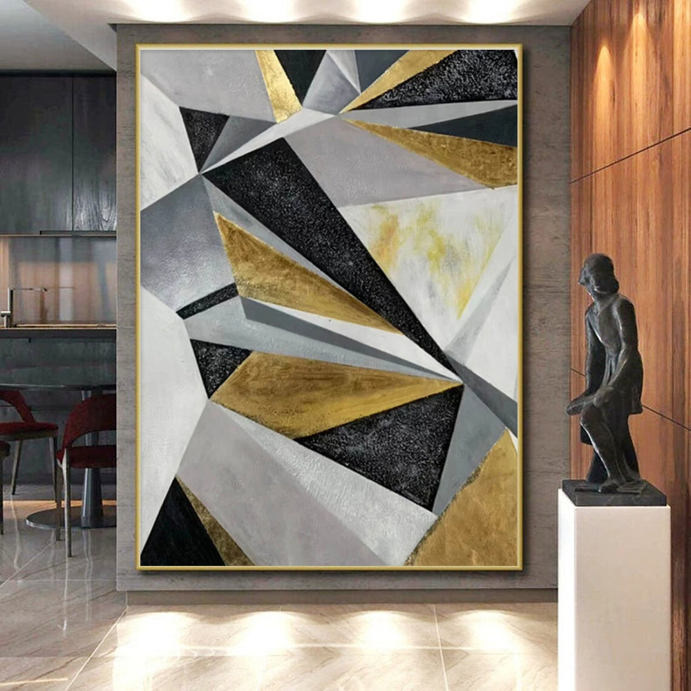 Modern Art Acrylic Gold, Gray & Black Geometric Abstract Art HS410