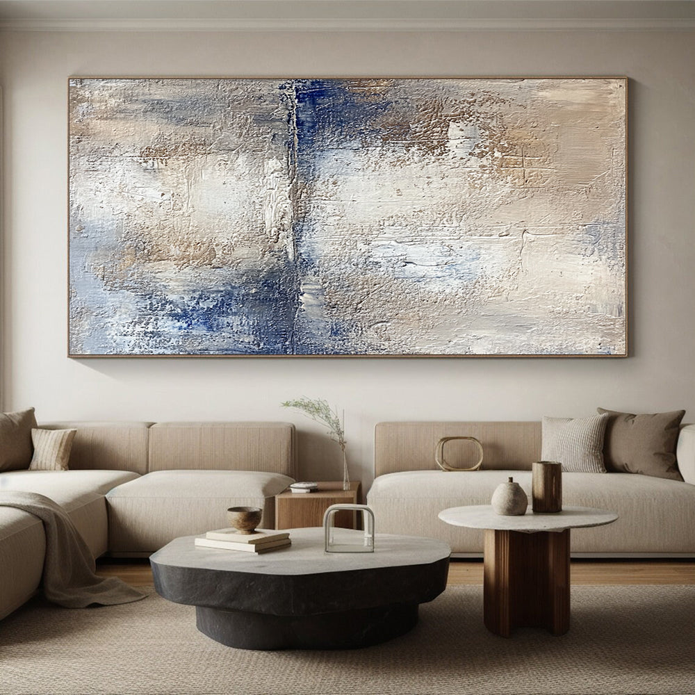 Hand Painted Art Beige and Blue Abstract Textured Landscape Painting For Sale HS123