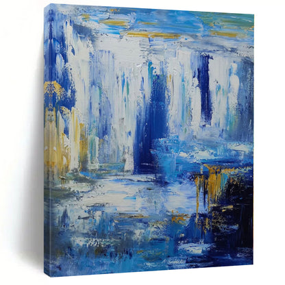 Hand-Painted Blue and Gold Abstract Waterfall Painting For Sale HS065