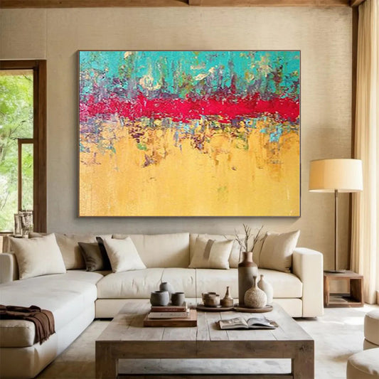 Huge Size Turquoise, Red and Yellow Abstract Textured Painting WB097