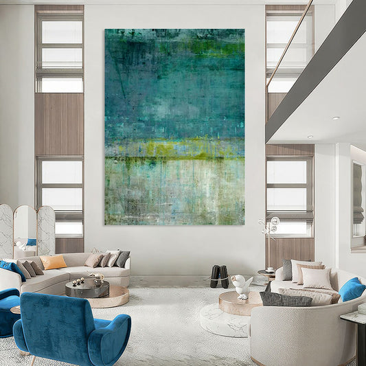 Teal, Green, and Beige Abstract Textured Painting For Sale WS513