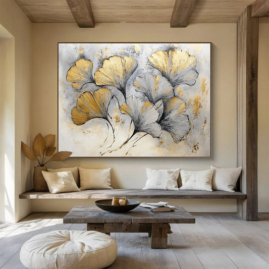 Hand Paintings with Gold, Gray and White Colors, Ginkgo Leaf Theme Abstract Art WB303