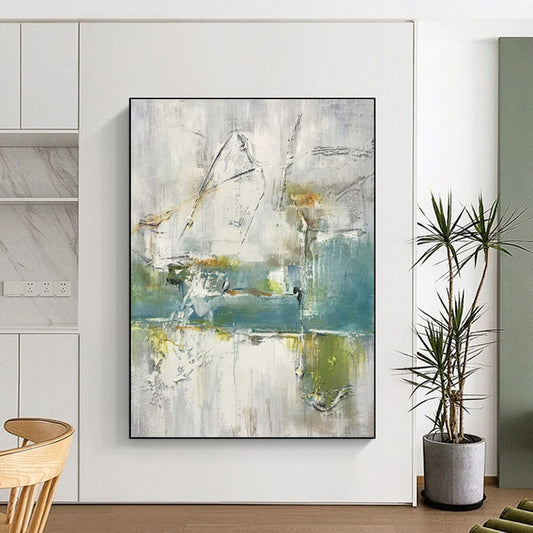 Large Painting In Living Room Gray, Blue, and Green Textured Abstract Art HS609