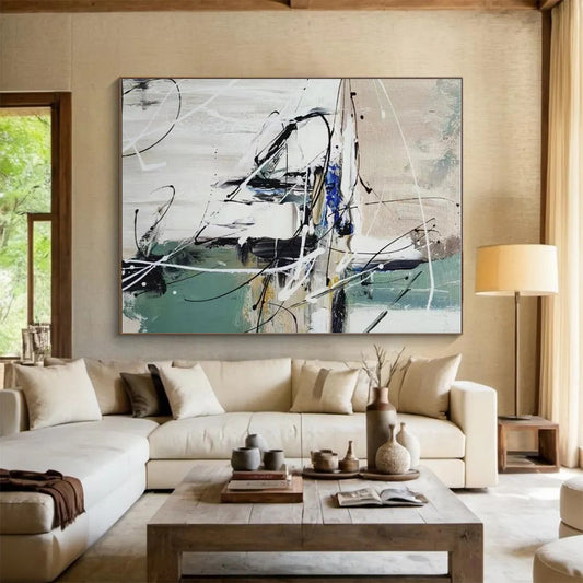 Hand Painted Art Green, White, and Black Dynamic Abstract Painting On Canvas HS801