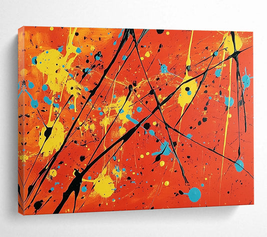 Big Size Orange, Yellow, Blue, and Black Splatter Abstract Art WB255