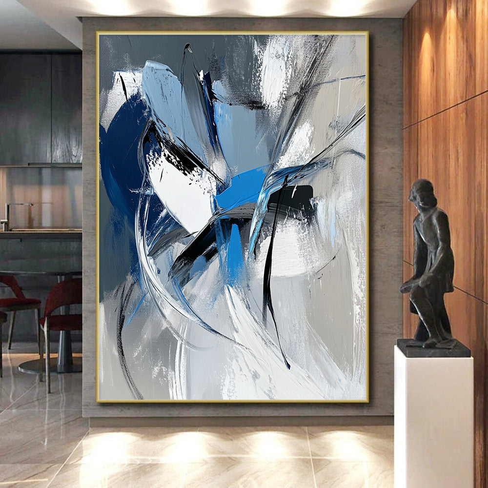 Acrylic Modern Art Paintings Blue, Black, and White Abstract Expressive Painting For Sale HS164