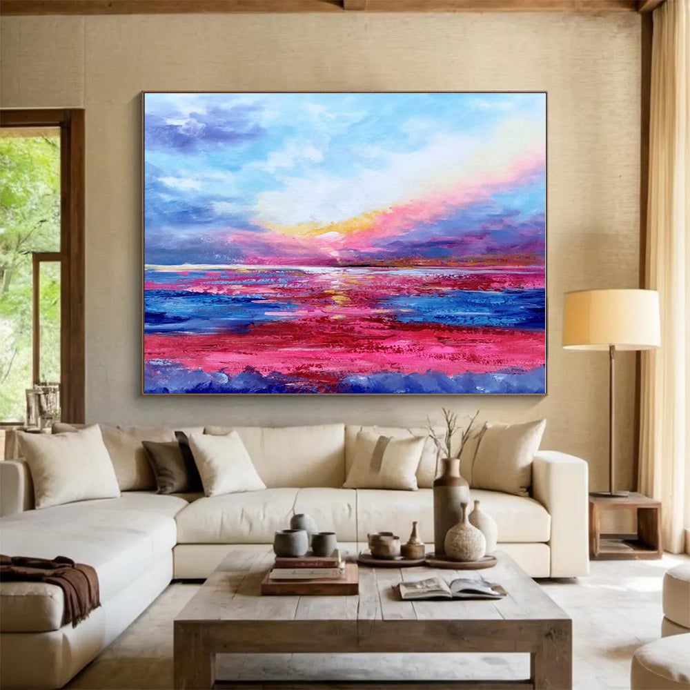 Big Size Pink, Blue and Yellow Abstract Seaside Sunset Painting WB076