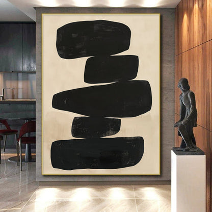 Big Painting Black & Beige Abstract Stacked Shapes Art HS375