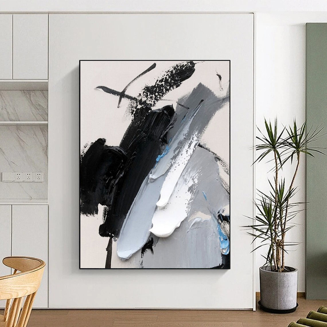 Cool Abstract Paintings Black, White, Gray, and Blue Textured Abstract Art HS585