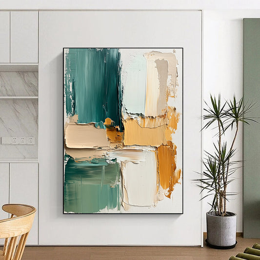 Hand Painted Art Teal and Neutral Geometric Abstract Painting HS173