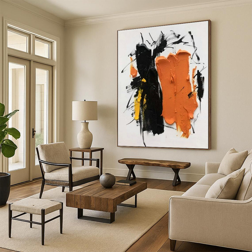 Handmade Art Unique Abstract Art with Black, Orange, Yellow Expressive Brushstrokes - Acrylic Modern Art Painting HS522