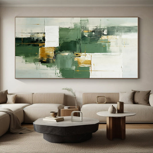 Unique Abstract Art Green, White, and Gold Geometric Abstract Painting On Canvas HS800