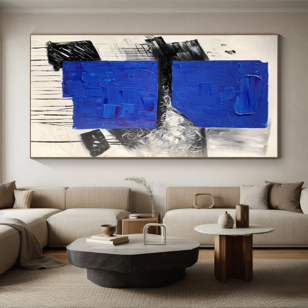 Hand-Painted Blue, Black & White Textured Abstract, Acrylic Modern Art Painting HS411