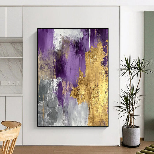 Unique Abstract Art Purple and Gold Abstract Textured Painting For Sale HS112