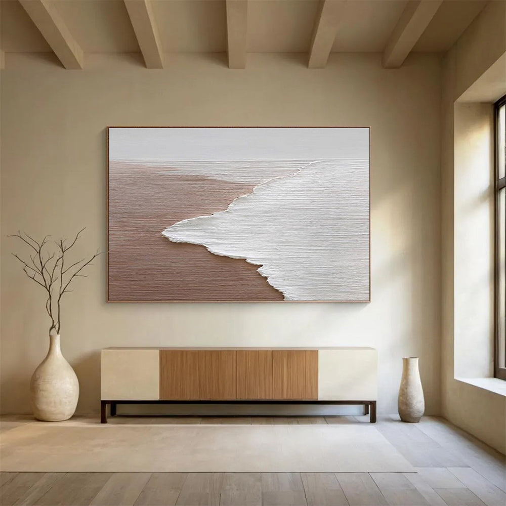 Horizontal Extra Large Size Brown and White Abstract Seaside Painting WB220