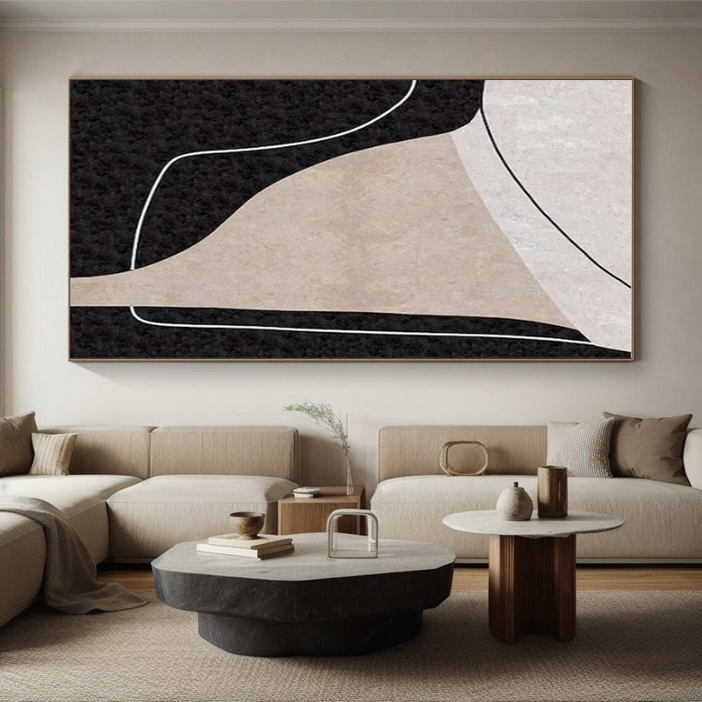 Minimalist Canvas Art Black, Beige, and White Organic Abstract Art HS712