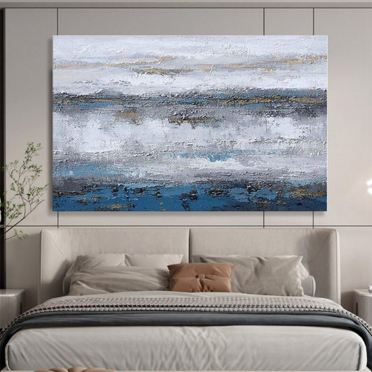 Extra Large Size Blue, Gray and Gold Abstract Textured Landscape Painting WB124