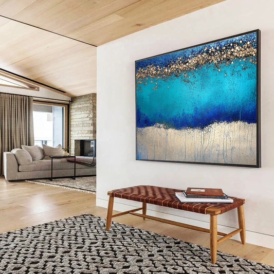 Modern Art Abstract Paintings with Blue, Turquoise and Gold Colors, Textured Abstract Theme WB324