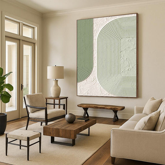 Huge Size Green and White Abstract Geometric Shape Painting For Sale HS078