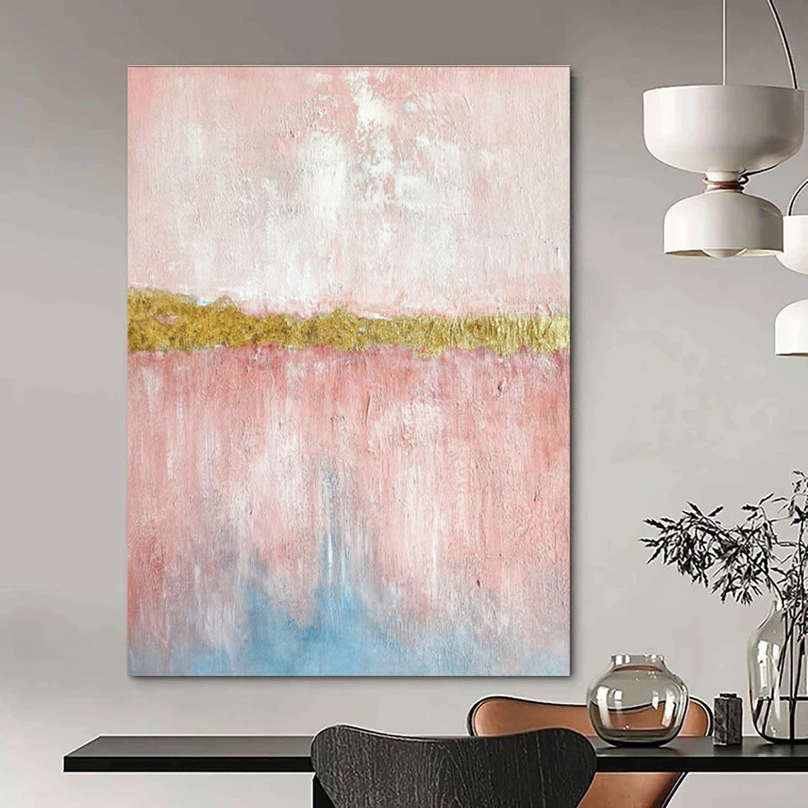 Pink, Gold, and Blue Abstract Color Block Painting For Sale WS507