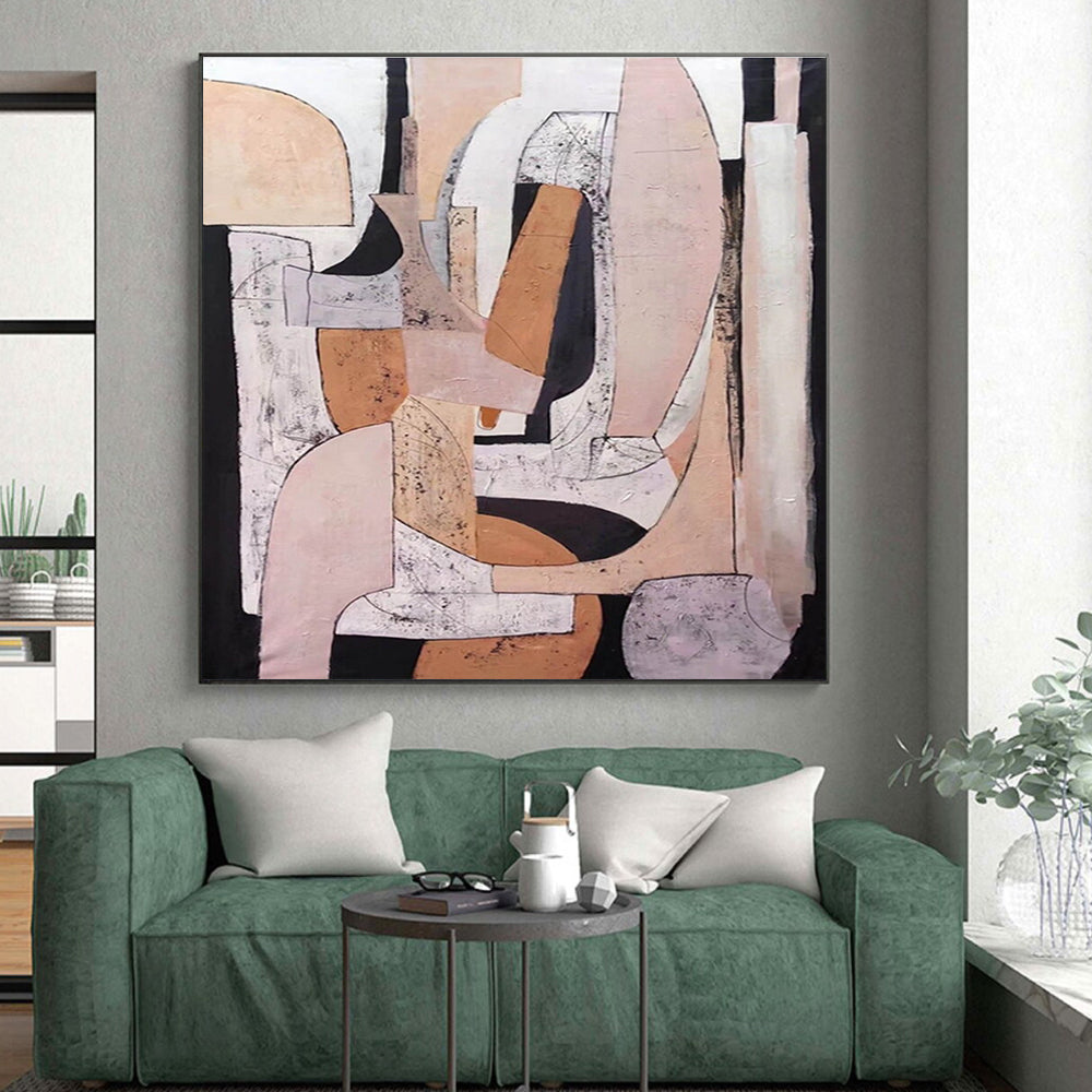 Minimalist Canvas Art Beige, Pink & Black Geometric Abstract, Handmade Art HS247