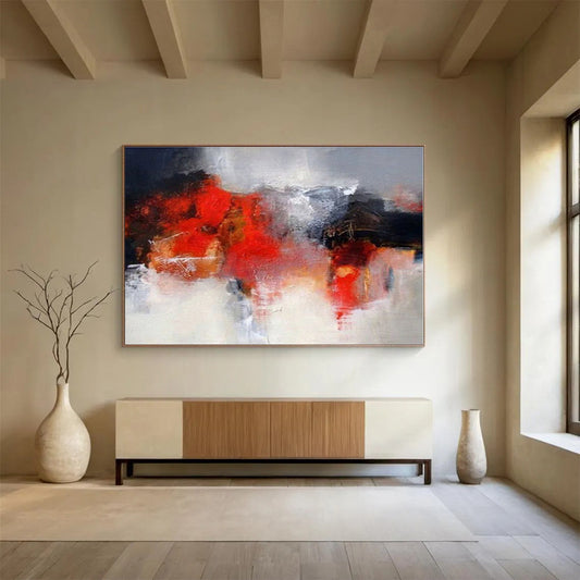 Oversized Canvas Art Red, Gray and White Abstract Expressionist Painting WB102