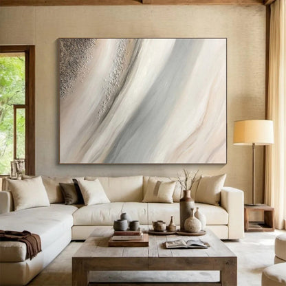 Hand Painted Art Beige and Gray Flowing Textures with Metallic Accents, Oversized Abstract Wall Art HS544